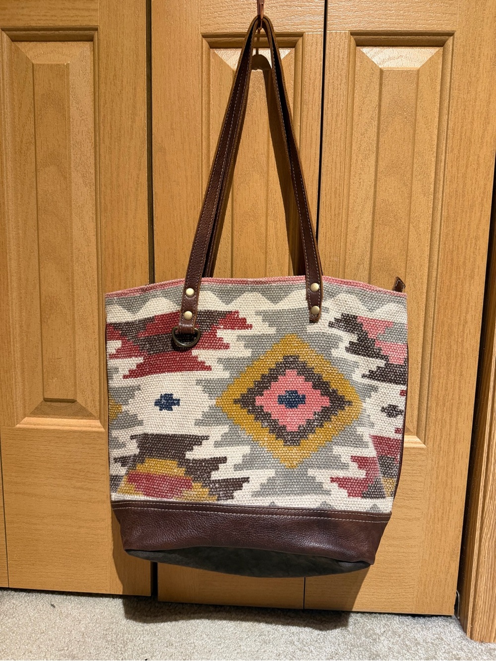 Myra Bag genuine leather boho Aztec print tote